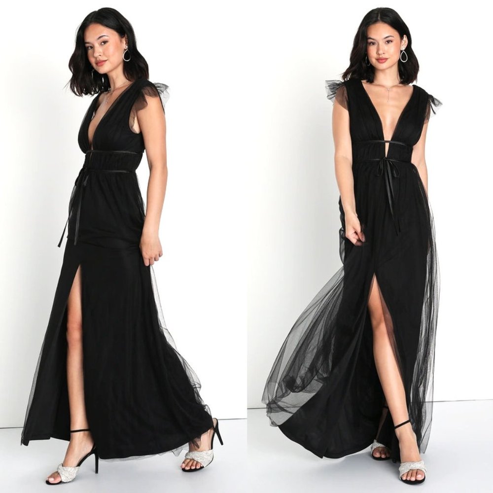 Lulu's I'm All Yours Black Ruffled Tulle Maxi Dress V-Neck & V-Back Black